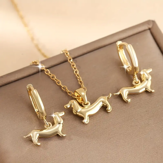 Golden Dachshund Jewelry Set - Necklace & Hoop Earrings